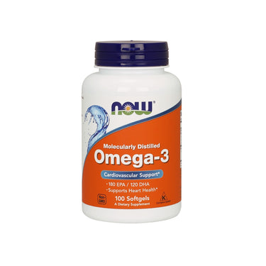 Now Foods Omega-3 180 EPA/120 DHA 100 softgel, a potent fish oil supplement known for its ability to support heart health and reduce the risk of heart disease.